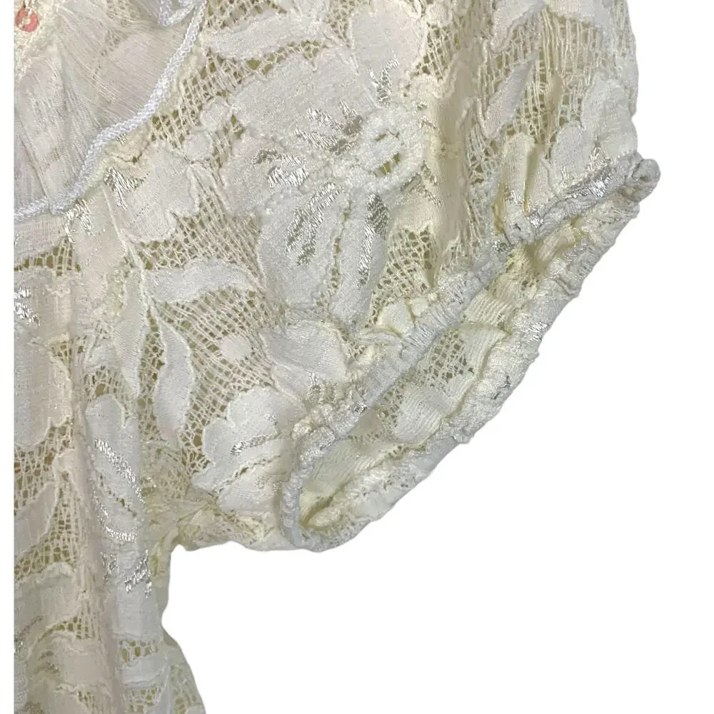 AMERICAN RAG Women L Ivory Floral Lace Sequin Trim Peasant Smocked Top - Picture 7 of 10